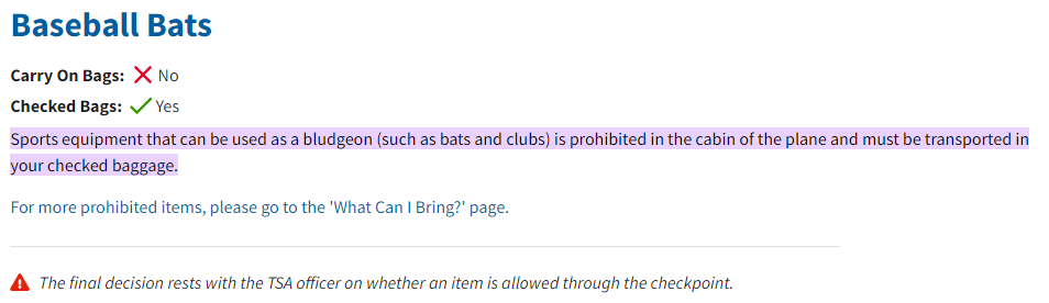TSA Rules To Bring A Baseball Bat On A Plane: